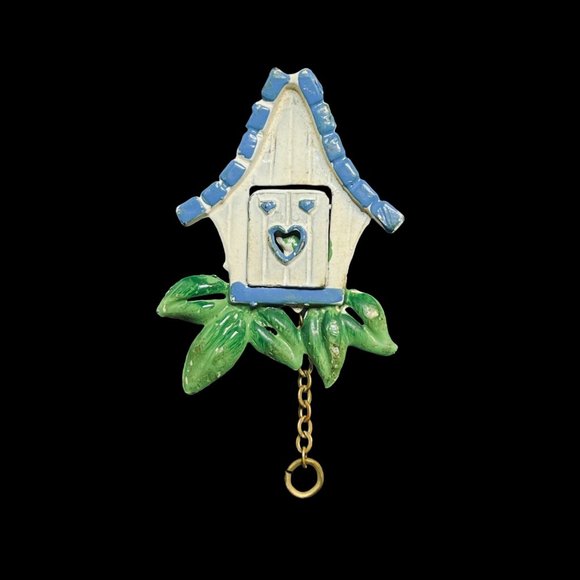 White, Blue And Green Enamel Cuckoo Clock With Articulating Door Brooch (4788) - Picture 1 of 5